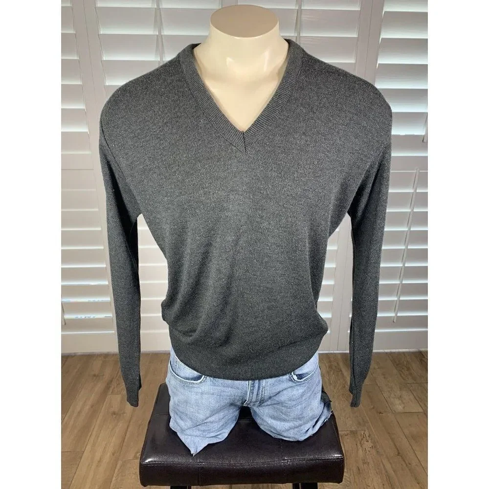 VTG 80s Jantzen Gray V-Neck Sweater Adult Large USA Made Lightweight Grandpa